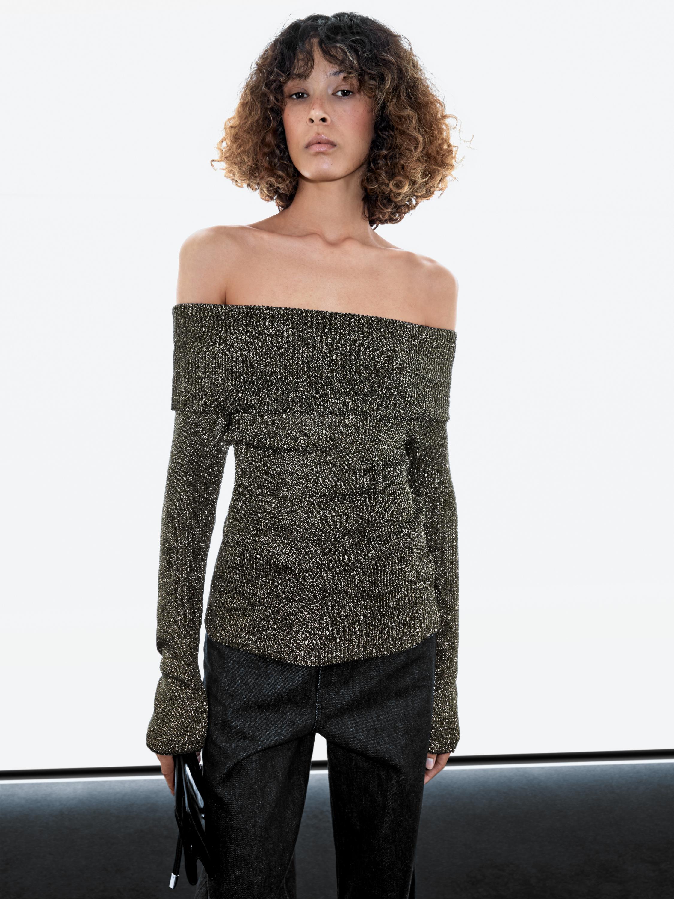 Off-the-shoulder knit sweater with metallic finish